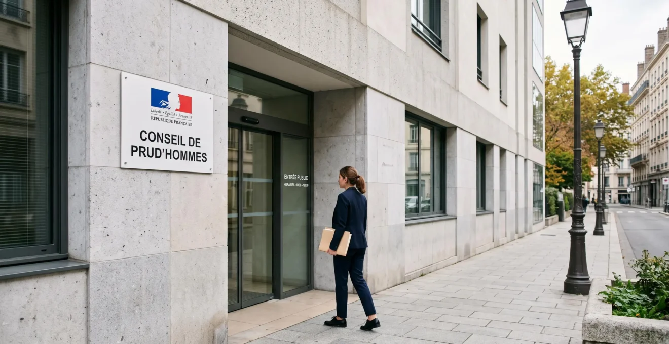 Entrée d'un Conseil de prud'hommes français avec signalétique officielle, jeune femme s'apprêtant à entrer pour saisir la juridiction