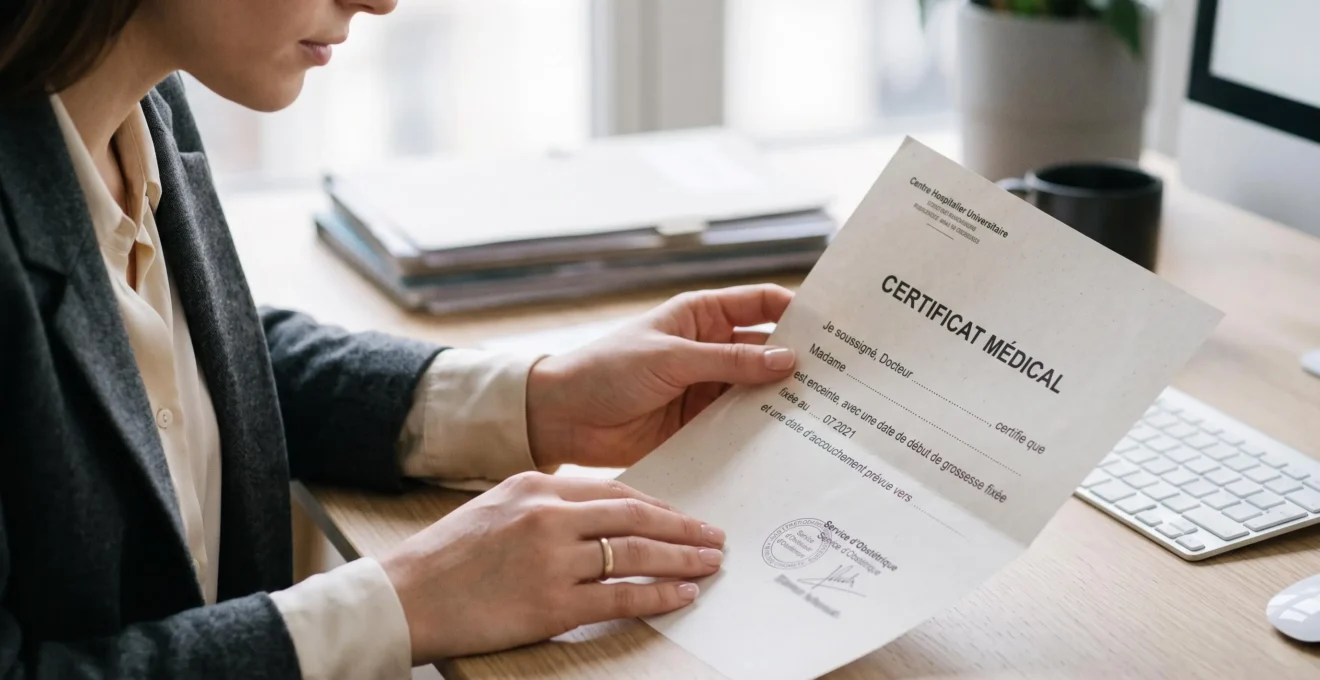 Mains tenant un certificat médical de grossesse français sur un bureau, dans un contexte de préparation administrative